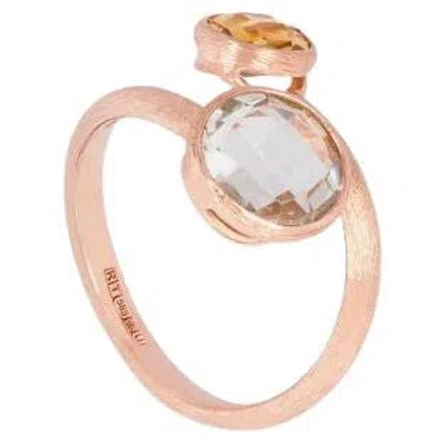 Pre-owned Tateossian 14k Satin Rose Gold Kensington Ring With Citrine And Prasiolite, Size S In Red