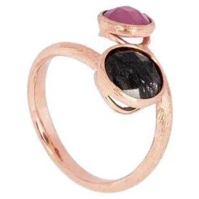 Pre-owned Tateossian 14k Satin Rose Gold Kensington Ring With Rutilated Quartz And Ruby Root, Size S In Red