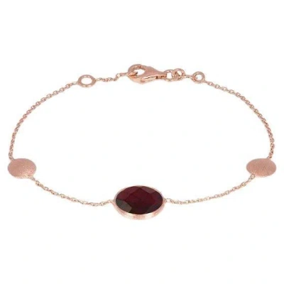 Pre-owned Tateossian 14k Satin Rose Gold Kensington Single Stone Bracelet In Garnet In Red