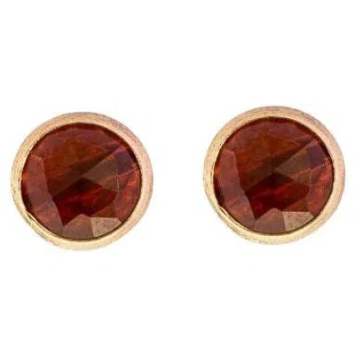Pre-owned Tateossian 14k Satin Rose Gold Kensington Stud Earrings With Garnet In Red