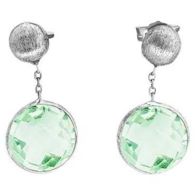 Pre-owned Tateossian 9k Satin White Gold Kensington Drop Earrings With Green Amethyst