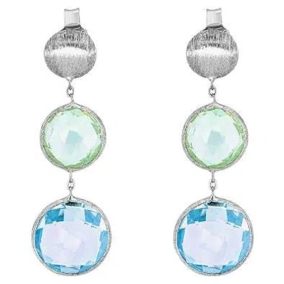 Pre-owned Tateossian 9k Satin White Gold Kensington Drop Earrings With Topaz And Green Amethyst