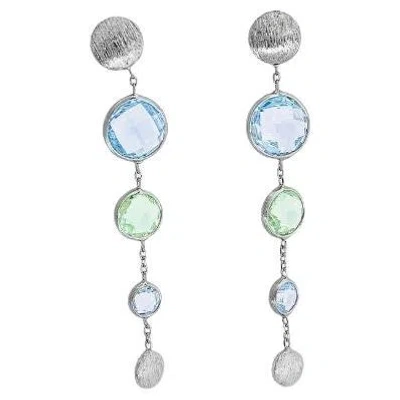 Pre-owned Tateossian 9k Satin White Gold Kensington Long Drop Earrings With Topaz And Green Amethyst