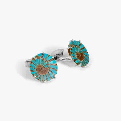 Tateossian Ammonite Cufflinks In Rhodium Silver With Turquoise (limited Edition) In Blue