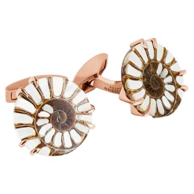 Pre-owned Tateossian Ammonite Pearl Cufflinks In Brown With White Mop & 18k Rose Gold Plated Silver