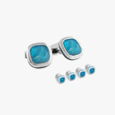 Tateossian Apatite Doppione Cushion Cufflinks And Shirt Studs Set In Rhodium Silver In Blue