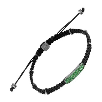 Pre-owned Tateossian Baton Bracelet With Emerald In Black Macramé & Rhodium Sterling Silver, Size L In Green