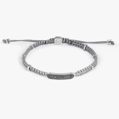 Tateossian Black Diamond Baton Bracelet In Rhodium Plated Silver With Grey Macrame - M-l In Metallic
