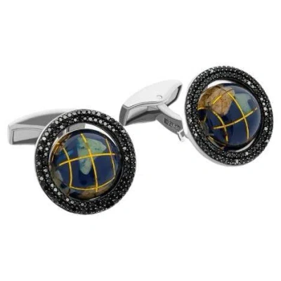 Pre-owned Tateossian Black Diamond Mosaic Globe Cufflinks In Sterling Silver