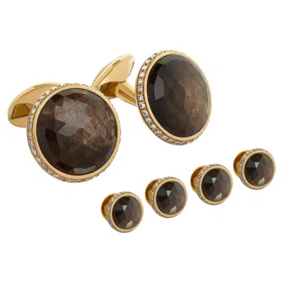 Pre-owned Tateossian Brown Sapphire And Champagne Diamond Cufflinks And Shirt Studs Set In 18k Yellow