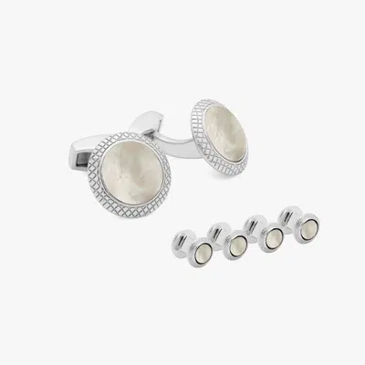 Tateossian Bullseye Cufflinks And Studs Set With White Mother Of Pearl In Gray