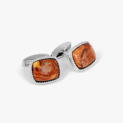 Tateossian Cable Jasper Cufflinks In Rhodium Plated Silver With Red Jasper (limited Edition)