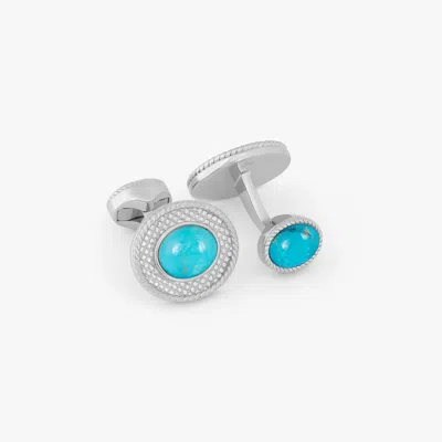 Tateossian Cable Oval Cufflinks In Rhodium Plated Silver And Turquoise In Blue