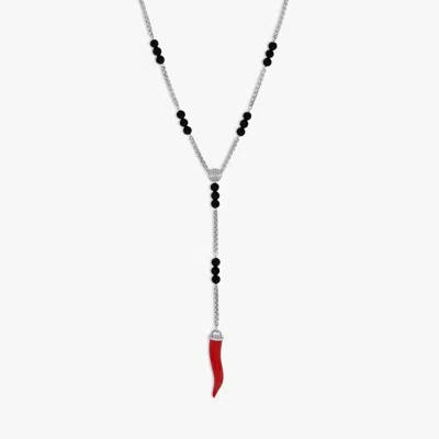 Tateossian Capri Corno Necklace In Rhodium Plated Silver With Black Agate & Faux Coral In Metallic
