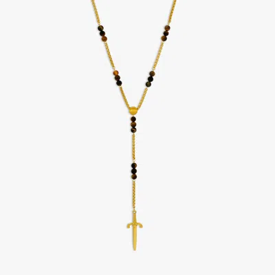 Tateossian Capri Dagger Rosary Necklace In 18k Yellow Gold Plated Silver With Tiger Eye