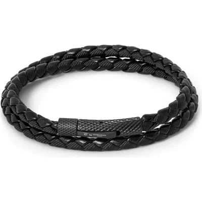 Tateossian Chelsea Leather Double Wrap Bracelet In Black