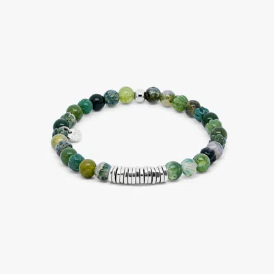 Tateossian Classic Discs Beaded Bracelet In Rhodium Plated Silver With Green Moss Agate - L