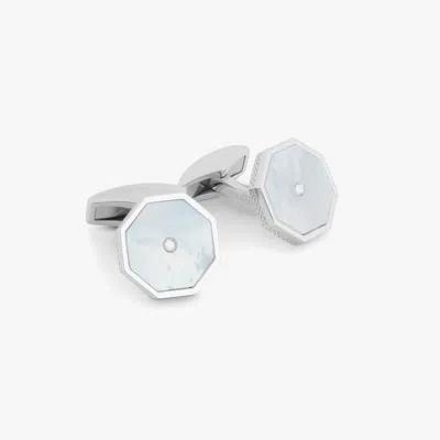 Tateossian Classic London Eye Cufflinks In Rhodium Plated Silver With White Diamonds And Mop In Gray