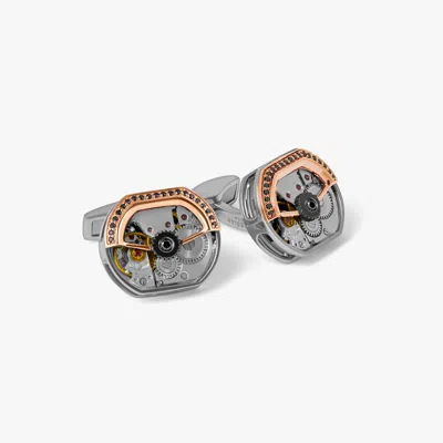 Tateossian Diamond Tonneau Skeleton Cufflinks In Rhodium And Rose Gold Silver With Watch Movement (limited Edit