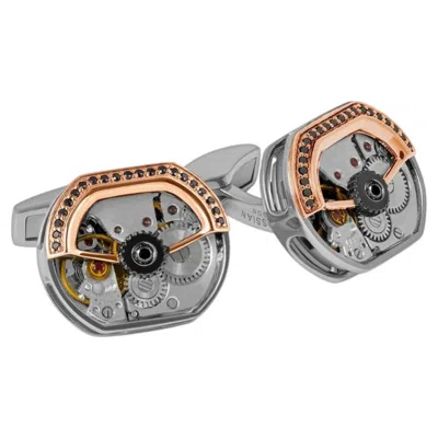Pre-owned Tateossian Diamond Tonneau Skeleton Cufflinks In Rose Gold Silver (limited Edition) In Red