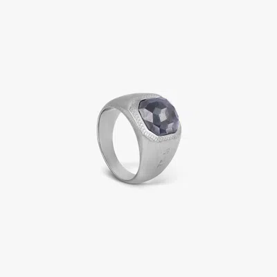 Tateossian Doppione Signet Ring In Rhodium Silver With Grey Hematite - M In Metallic