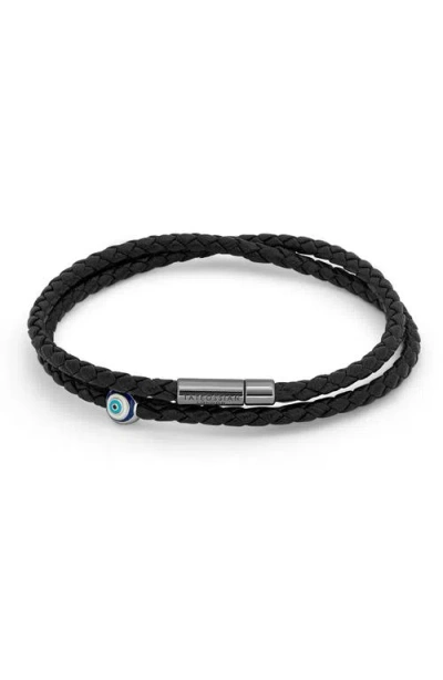 Tateossian Evil Eye Braided Faux Leather Wrap Bracelet In Black