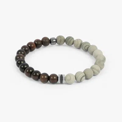Tateossian Gear Trio Beaded Bracelet In Rhodium Plated Silver With Ebony & Grey Wood Jasper - S