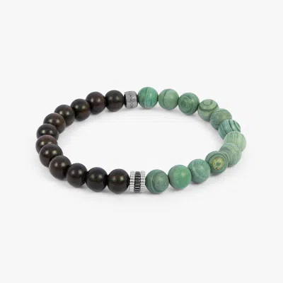 Tateossian Gear Trio Beaded Bracelet In Rhodium Plated Silver With Ebony Wood And Green Jasper - M In Multi