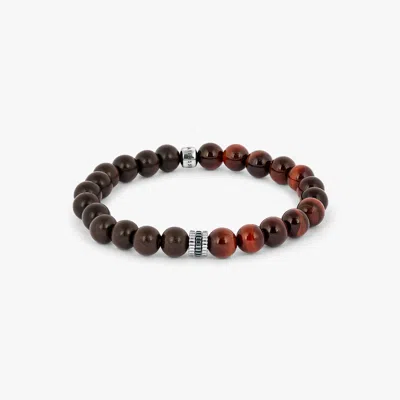 Tateossian Gear Trio Semi - Precious Beaded Bracelet In Rhodium Silver With Red Tiger Eye - L In Brown