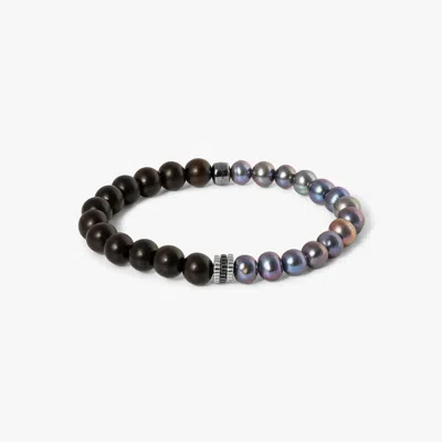 Tateossian Gear Trio Semi - Precious Bracelet In Black Ruthenium Plated Silver With Wood Beads & Black Pearls - In Metallic