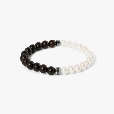 Tateossian Gear Trio Semi - Precious Bracelet In Ruthenium Plated Silver With Wood Beads & White Pearls