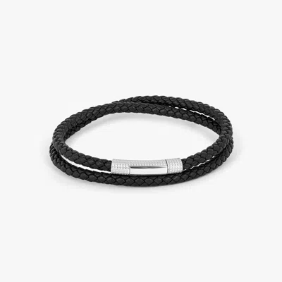 Tateossian Giza Click Pelle Double Wrap Black Leather Bracelet In Rhodium Silver - M