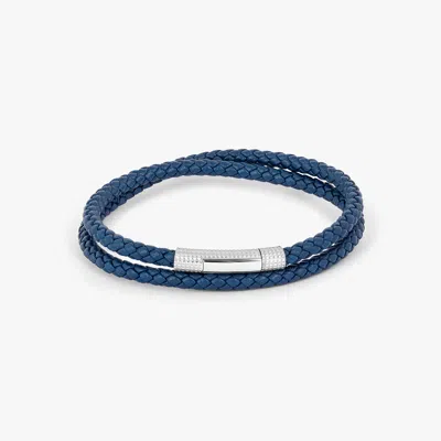 Tateossian Giza Click Pelle Double Wrap Blue Leather Bracelet In Rhodium Silver - L