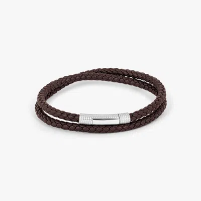 Tateossian Giza Click Pelle Double Wrap Brown Leather Bracelet In Rhodium Silver - L