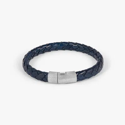 Tateossian Giza Double Click Pelle Bracelet In Rhodium & Navy Leather - M In Blue