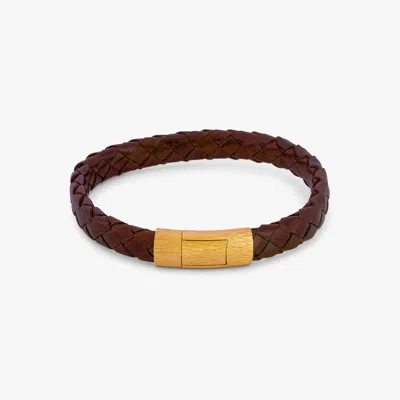 Tateossian Graffiato Oval Leather Bracelet In Brown With Yellow Gold Plated - M