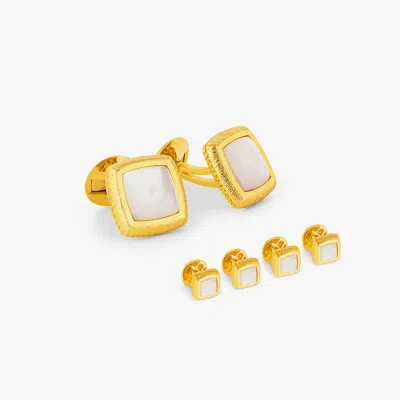 Tateossian Graffiato Square Cufflinks & Dress Shirt Studs In Yellow Gold & White Mother Of Pearl