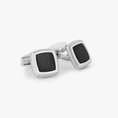 Tateossian Graffiato Square Cufflinks In White Rhodium Plated Silver And Black Onyx