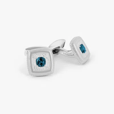 Tateossian Graffiato Square Precious Cufflinks In Rhodium Plated Sterling Silver With Blue Topaz