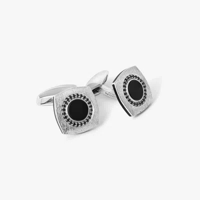 Tateossian Grafiatto Square Cufflinks In Sterling Silver With Onyx In Black