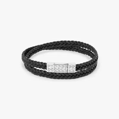 Tateossian Herringbone Click Coda Di Volpe Pelle Leather Bracelet In Rhodium Silver With Black - L