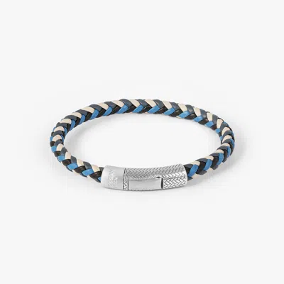 Tateossian Herringbone Click Multi Pelle Bracelet In Rhodium Plated Sterling Silver With Blue Leather - M