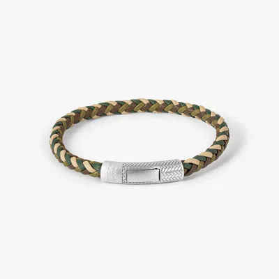 Tateossian Herringbone Click Multi Pelle Bracelet In Rhodium Plated Sterling Silver With Khaki Leather - M