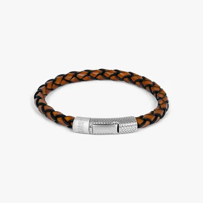 Tateossian Herringbone Click Pelle Bracelet In Brown Leather With Rhodium Plated Silver - Xl