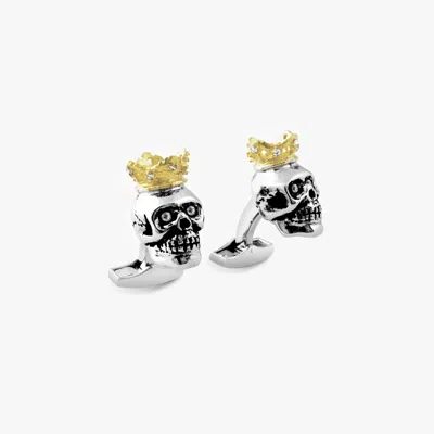Tateossian King Skull Cufflinks In Rhodium Silver With Gold Crown In Metallic