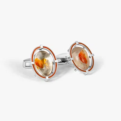 Tateossian Legacy Cufflinks In Rhodium Plated Sterling Silver With Orange Limonite