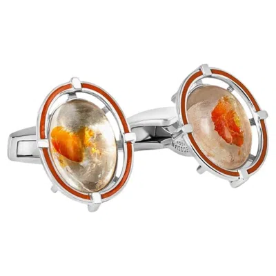 Pre-owned Tateossian Legacy Cufflinks In Rhodium Plated Sterling Silver With Orange Limonite