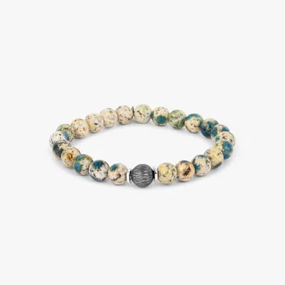 Tateossian Lhasa Graffiato Beaded Bracelet In Rhodium Silver With Cream And Blue Azurite - L In Green