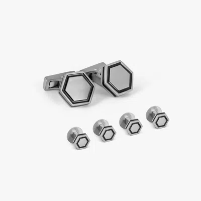 Tateossian London Automobili Lamborghini Hex Cufflinks & Shirt Studs In Titanium With Black Enamel In Metallic