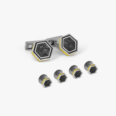 Tateossian London Automobili Lamborghini Hex Cufflinks & Shirt Studs In Titanium With Yellow And Black Enamel In Metallic